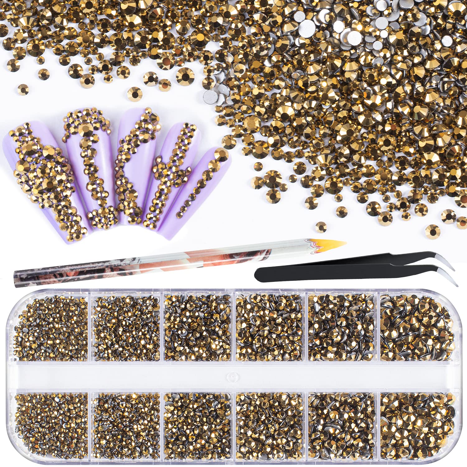 3600pcs Glass Mineral Gold Nail Rhinestones 6 Sizes(1.8/2/2.4/2.8/3/4mm) Flatback Crystal Nail Charms Jewels Decoration for Nail Art and Crafting, Tweezer and Pickup Pen included-Velvo Beauty