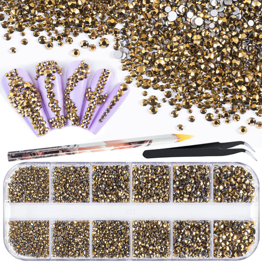 3600pcs Glass Mineral Gold Nail Rhinestones 6 Sizes(1.8/2/2.4/2.8/3/4mm) Flatback Crystal Nail Charms Jewels Decoration for Nail Art and Crafting, Tweezer and Pickup Pen included-Velvo Beauty