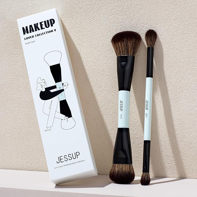 Jessup Makeup Brushes 2pcs Double Sided Foundation Brush Contour Brush Dual Ended Eye Blending Brush, Multi-functional Cosmetic Brush Bright Cyan T502-Velvo Beauty