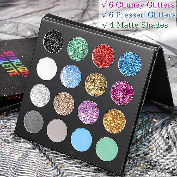 UCANBE Glitter Eyeshadow Makeup Palette - 12 Face Body Chunky & Fine Pressed Glitter + 4 Eye Shadow Powder Make Up Pallet for Theater Party Cosplay Halloween Christmas, Highly Pigmented Ultra Shimmer-Velvo Beauty