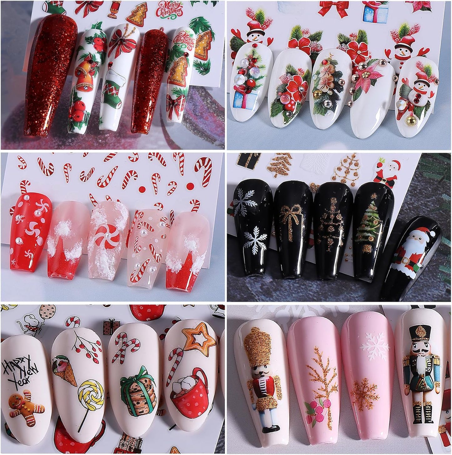 Christmas Nail Art Stickers Decals 16PCS 3D Self-Adhesive New Year Sticker for Nail Art Santa Claus Tree Elk Snowman Gonks Red Designs DIY Xmas Winter Decor Nail Art Supplies for Women Girls-Velvo Beauty