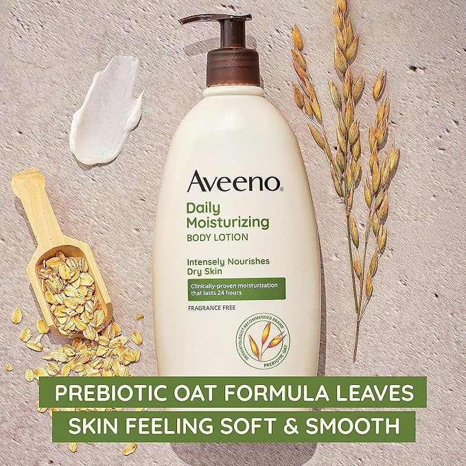 Aveeno Daily Moisturizing Body Lotion for Dry Skin with Prebiotic Oat, Fragrance & Paraben Free, Non-Greasy, Non-Comedogenic, for Sensitive Skin & 72-Hour Moisturizer 18 Fl Oz-Velvo Beauty