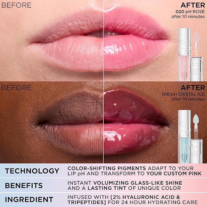 L'Oreal Paris Plump Ambition pH Hyaluron Lip Oil, Color Shifting Lip Tint with 24HR Hydration, Volumizing Shine and Lasting Color, 010 pH Cristal Ice-Velvo Beauty