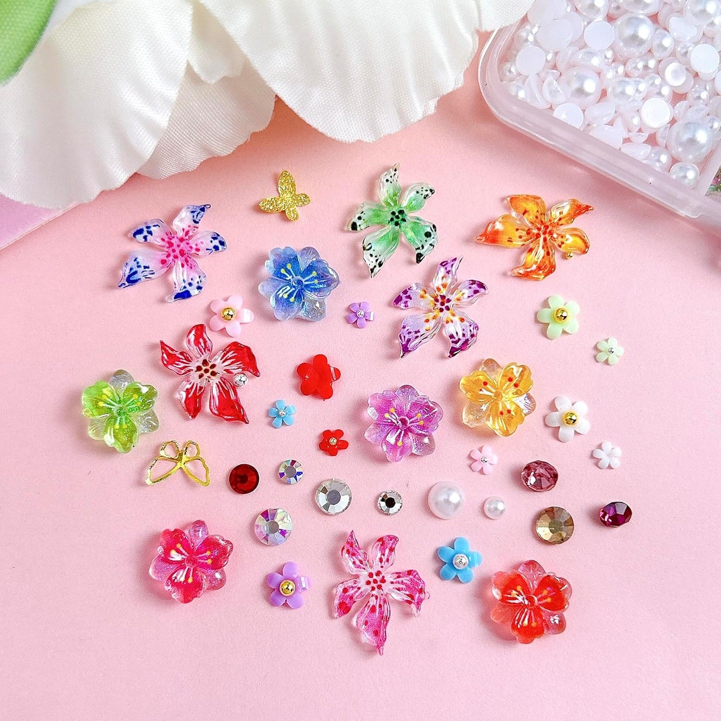 Flower 3D Nail Charms and Gems, Cute Hawaii Flowers Nail Art Charms, Gold Butterfly Nail Rhinestone and Charms,White Flatback Pearls Nail Charms Y2K Kit-Velvo Beauty