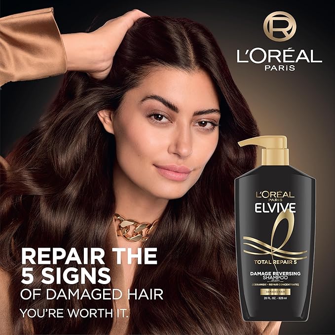 L'Oreal Paris Elvive Total Repair 5 Repairing Shampoo and Conditioner for Damaged Hair, 28 Ounce (Set of 2)(Packaging May Vary)-Velvo Beauty