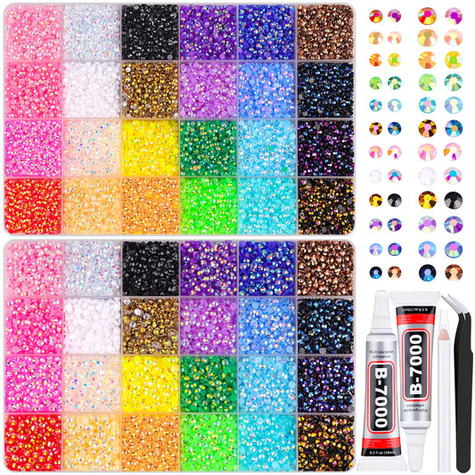2 Boxes Jelly Rhinestones for Bedazzling, 36600Pcs 3mm & 4mm Multicolor Flatback Resin Gems for Crafting, Bedazzler Kit with 2Pcs 10ml B7000 Jewelry Glue for DIY Crafts Book Fabric Decor Nail Art-Velvo Beauty