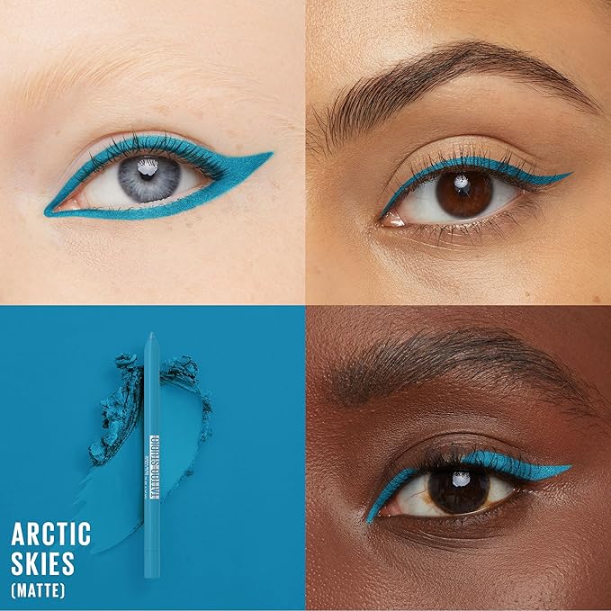 Maybelline New York Tattoo Studio Long-Lasting Sharpenable Eyeliner Pencil, Glide on Smooth Gel Pigments with 36 Hour Wear, Waterproof Arctic Skies 0.04 oz-Velvo Beauty
