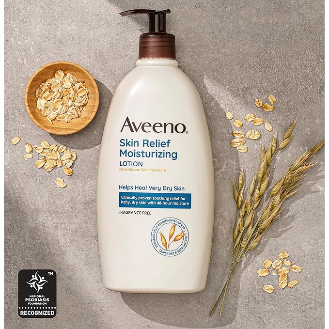 Aveeno Skin Relief Fragrance-Free Moisturizing Lotion for Sensitive Skin, with Natural Shea Butter & Triple Oat Complex, Unscented Therapeutic Body Lotion for Itchy, Extra-Dry Skin, 18 fl. oz-Velvo Beauty