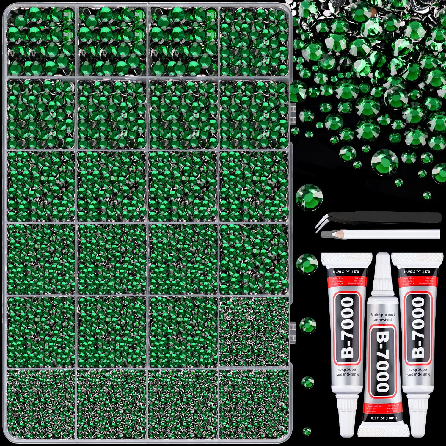 30000Pcs Resin Rhinestones with Tweezers for Crafting, Emerald Green Flatback Gems, Bedazzling Crystal with 3Pcs 10ml B7000 Jewelry Glue for DIY Crafts Clothing Tumblers Shoes Fabric Nail Art-Velvo Beauty