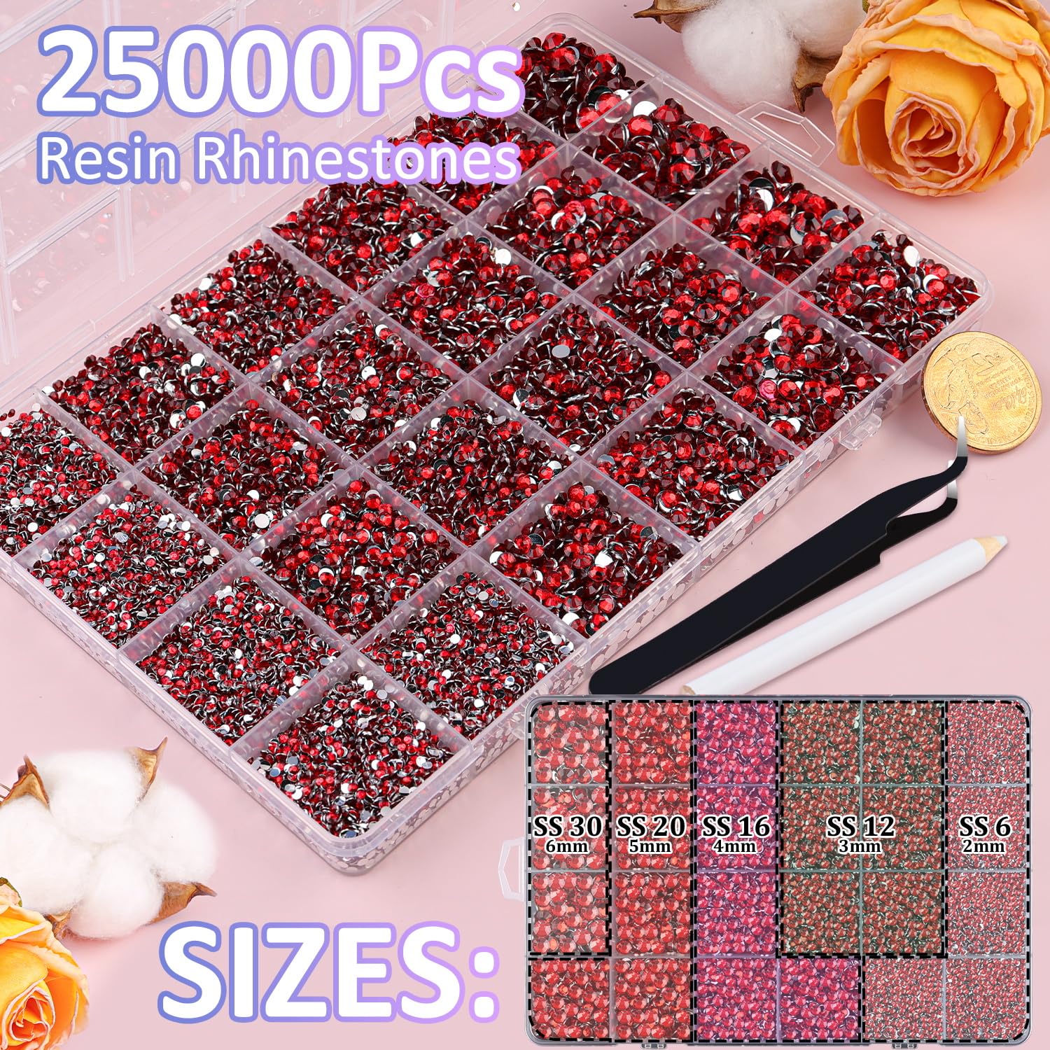 25000Pcs Resin Rhinestones for Crafting, Red 2-6mm Mixed Sizes Non Hotfix Flatback Gems, Bedazzling Crystal for DIY Crafts Clothing Tumblers Mugs Shoes Fabric Nail Art-Velvo Beauty