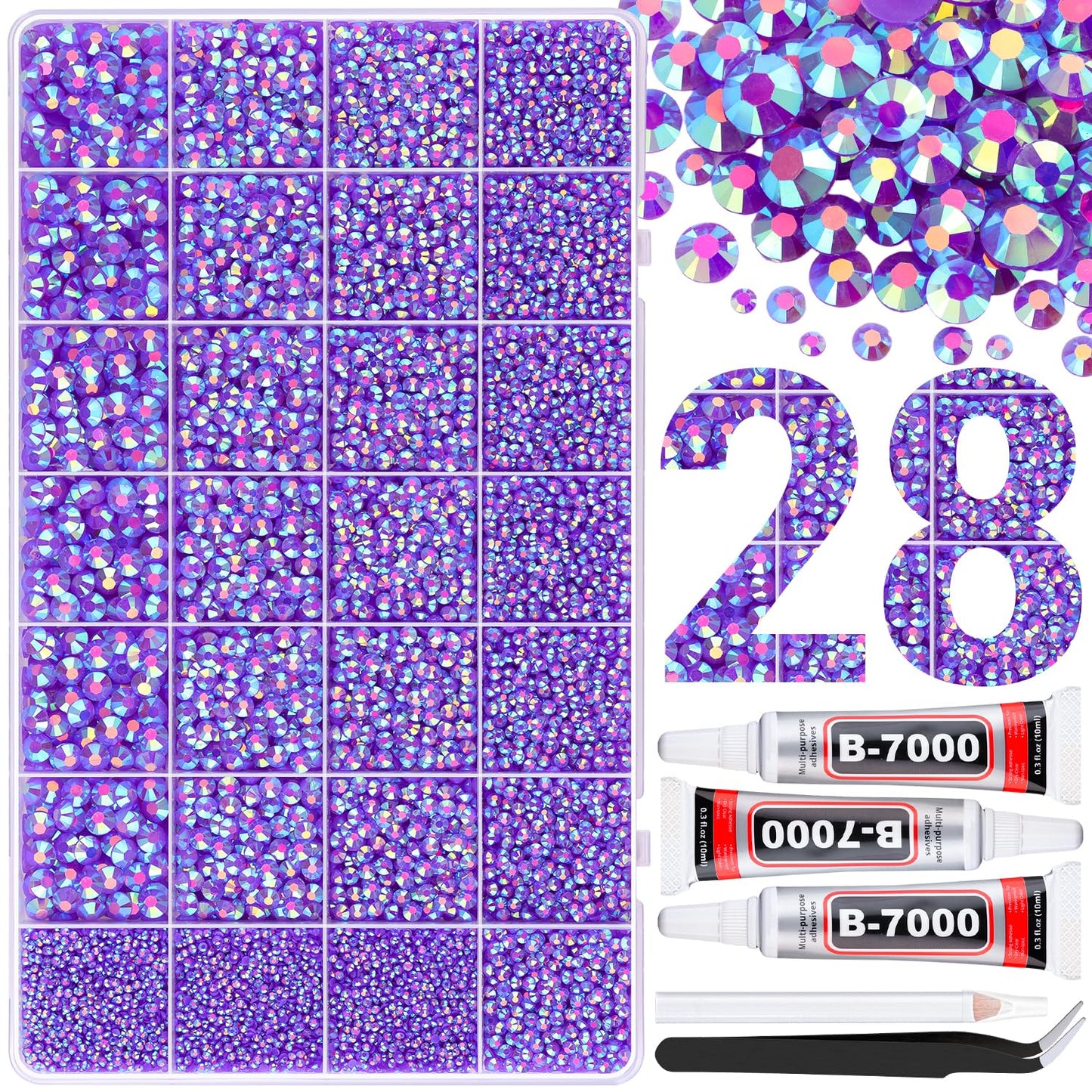 30000Pcs Resin Rhinestones for Bedazzling with 3Pcs B7000 Jewelry Glue, Dark Purple AB Flatback Gems Rhinestones for Crafting, Clothing Tumblers Mugs Shoes Fabric Decor Nail Art-Velvo Beauty