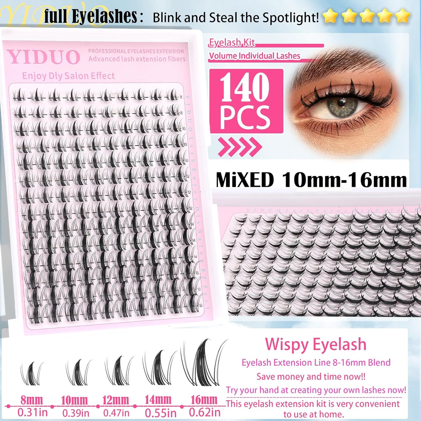 Fairy Manga lashes Clusters with Bottom Lashes Clusters Kit Gift Packs 604Pcs 5-16mm Soft Extension False Eyelash D Curl Wispy Natural Wet-Look Lashes Extensions Combo Pack with Glue Removers-Velvo Beauty