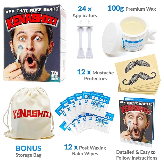 KENASHII Nose Wax Kit | 100 g Wax, 24 Applicators | Hair Removal Kit for Men and Women | Includes Balm Wipes and Mustache Guards | Lasts up to 5 Weeks-Velvo Beauty