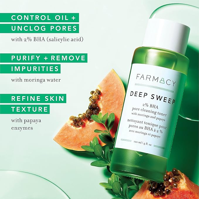 Farmacy 2% Salicylic Acid Toner for Face - Deep Sweep Gentle BHA Exfoliant for Oily Skin - Refines Texture with Papaya Enzymes & Moringa Water for a Healthy-Looking Complexion (100ml)-Velvo Beauty