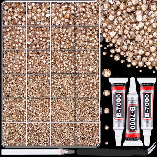 25000Pcs Resin Rhinestones with Tweezers for Crafting, Champagne 2-6mm Mixed Sizes Bedazzling Crystal with 3Pcs 10ml B7000 Jewelry Glue for DIY Crafts Clothing Tumblers Shoes Fabric Nail Art-Velvo Beauty