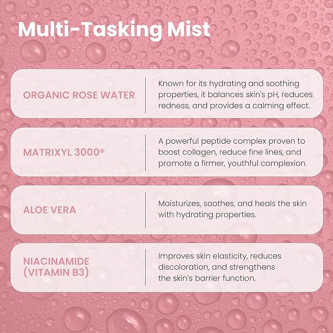 Rose Water Spray for Face with Matrixyl 3000 - Organic Rosewater Face Mist with Aloe Vera & Hyaluronic Acid - Hydrating, Reduces Fine Lines, Boosts Collagen Production, & Soothes Skin - 4 Fl Oz-Velvo Beauty