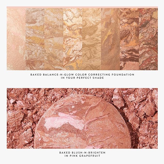 Blush-n-Glow Kit (3 PC): LAURA GELLER NEW YORK Baked Balance-N-Glow Illuminating CC Powder Foundation Sand, Retractable Kabuki Brush, Baked Blush-N-Brighten Pink Grapefruit-Velvo Beauty