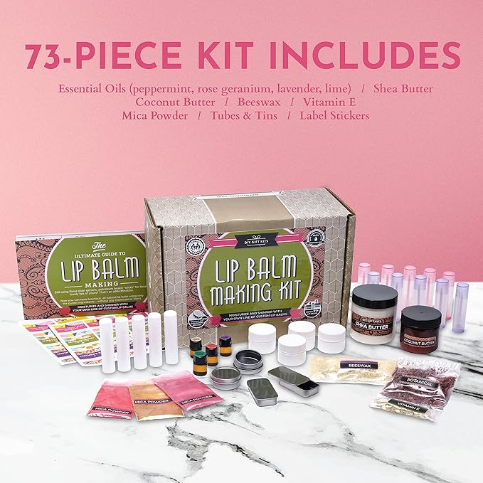 DIY Gift Kits 73-Piece DIY Lip Balm Kit | Includes All Natural & Organic Essential Oils, Shea Butter, Filling Tray & More | Makes 23 Homemade Lip Balms | for Dry & Chapped Lips | for Kids & Adults-Velvo Beauty