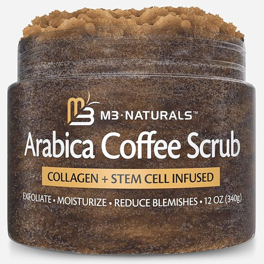 Arabica Coffee Scrub for Hands, Feet, and Body, Exfoliating Scrub with Collagen and Stem Cells, Face Cleanser for Cellulite, Fine Lines, and Stretch Marks, 12oz (1 Pack) by M3 Naturals-Velvo Beauty