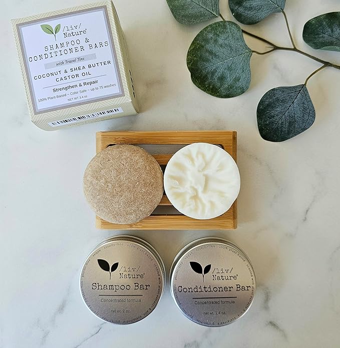 Shampoo Bar and Conditioner Set with Travel Case | Strengthen and Repair Dry Hair | Coconut, Castor Oil, Shea Butter | Made in USA | 2-pk-Velvo Beauty