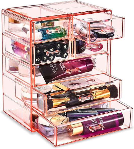 Sorbus Acrylic Makeup Organizer - Organization and Storage Case for Cosmetics Make Up & Jewelry - Big Clear Makeup Organizer for Vanity, Bathroom, College Dorm, Closet, Desk (3 Large, 4 Small Drawers)-Velvo Beauty