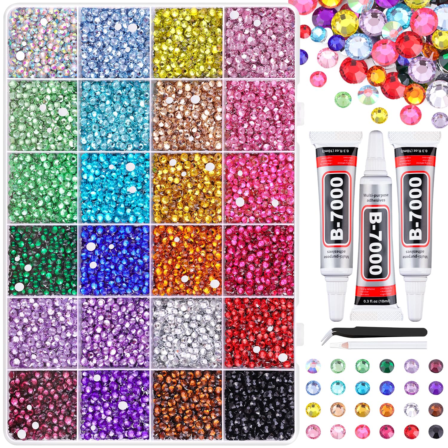 22000Pcs Resin Rhinestones for Bedazzling with Tweezers, Multicolor 2/3/4mm Rhinestones for Crafting with 3Pcs 10ml B7000 Jewelry Glue for DIY Crafts Clothing Tumblers Shoes Fabric Nail Art-Velvo Beauty