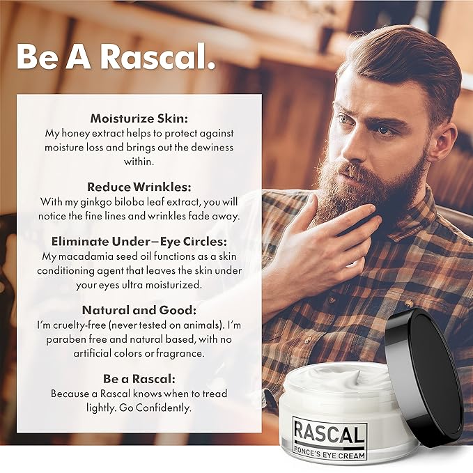 Rascal Ponce's Eye Cream | Under Eye Cream Dark Circle Remover for Men - Made with ginkgo Biloba Leaf Extract Macadamia Seed Oil (Container 0.5 Oz)-Velvo Beauty