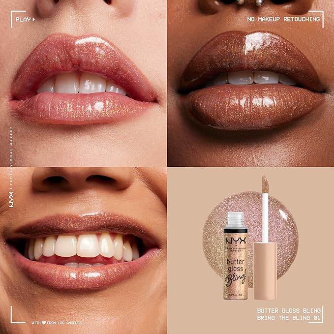NYX PROFESSIONAL MAKEUP Butter Gloss Bling Lip Gloss, Non Sticky and Shiny Vegan Lip Makeup - Bring The Bling-Velvo Beauty