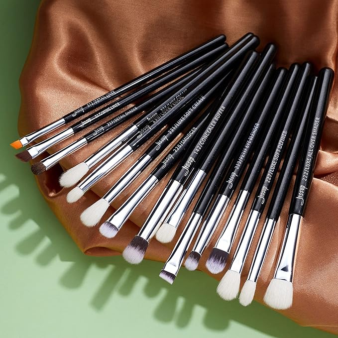 Jessup Eye Makeup Brushes Set Professional 15pcs with Eyeshadow Blending Concealer Eyebrow Eyliner Brush (Pearl Black/Silver)-Velvo Beauty