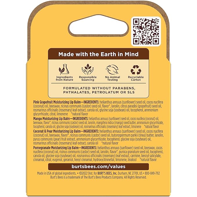 Burt's Bees Lip Balm - Pink Grapefruit, Mango, Coconut & Pear, and Pomegranate Pack, Lip Moisturizer With Beeswax, Tint-Free, Natural Origin Conditioning Lip Treatment, 4 Tubes, 0.15 oz.-Velvo Beauty