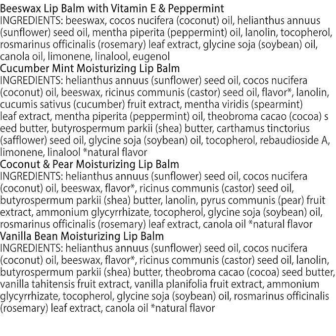 Burt's Bees Lip Balm - Beeswax, Cucumber Mint, Coconut & Pear, and Vanilla Bean Pack, With Responsibly Sourced Beeswax, Tint-Free, Natural Origin Lip Treatment, 4 Tubes, 0.15 oz.-Velvo Beauty