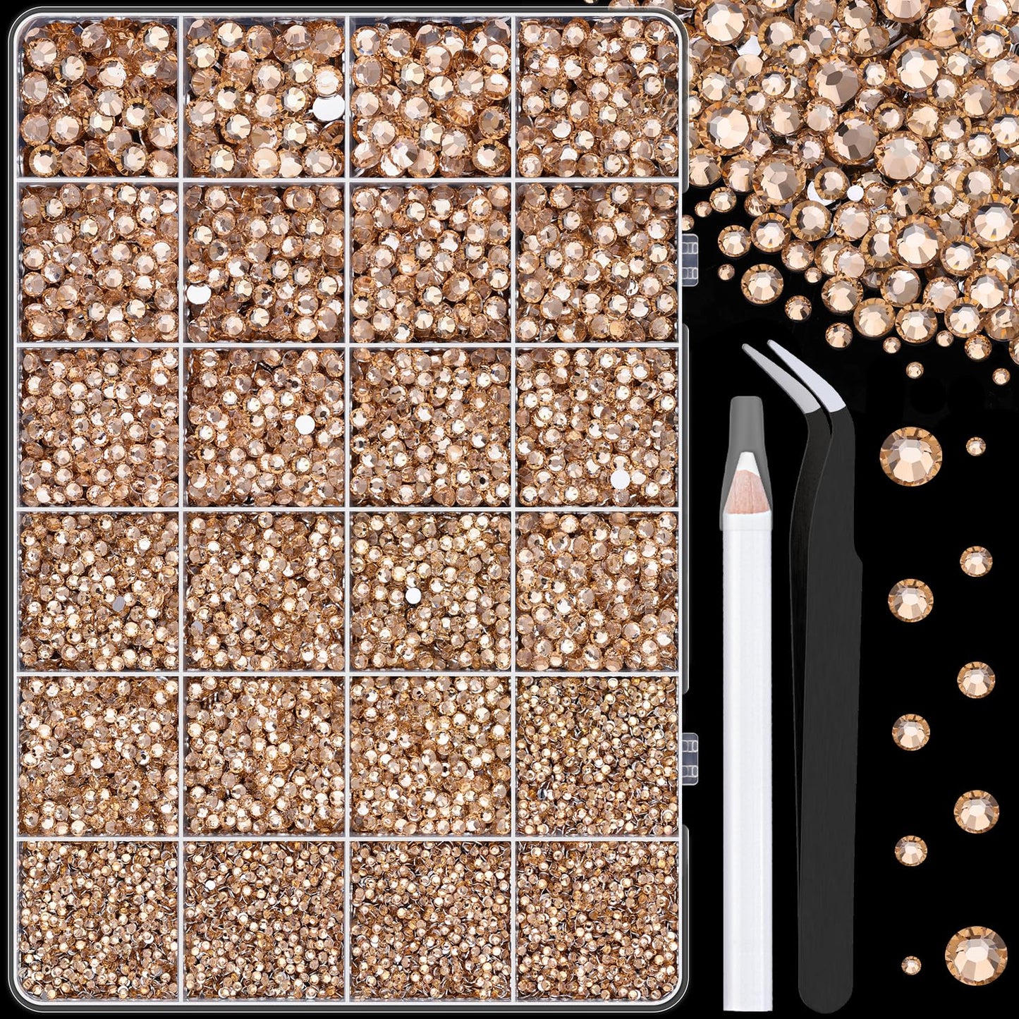 25000Pcs Resin Rhinestones with Tweezers for Crafting, Champagne 2-6mm Mixed Sizes Non Hotfix Flatback Gems, Bedazzling Crystal for DIY Craft Clothing Mugs Tumblers Shoes Fabric Decor Nail Art-Velvo Beauty