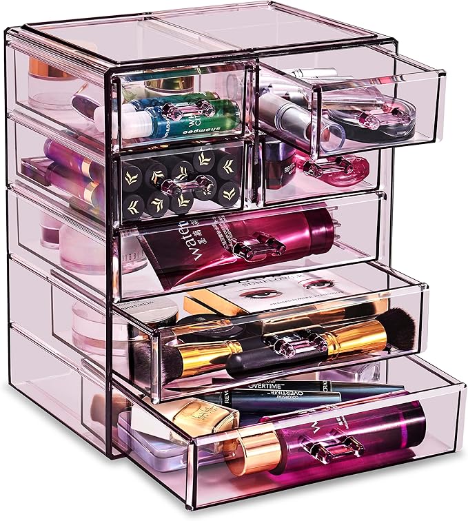 Sorbus Acrylic Makeup Organizer - Organization and Storage Case for Cosmetics Make Up & Jewelry - Big Clear Makeup Organizer for Vanity, Bathroom, College Dorm, Closet, Desk (3 Large, 4 Small Drawers)-Velvo Beauty
