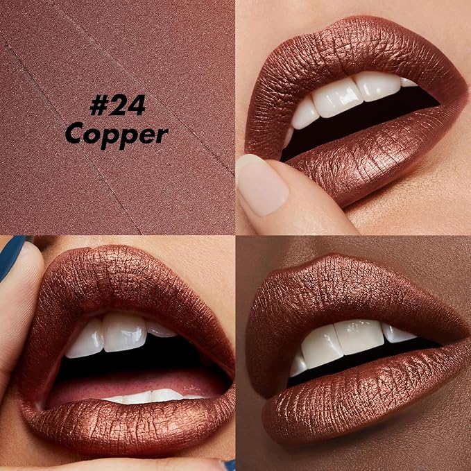 FOCALLURE Ultra Chic Metallic Lipstick,Rich Vitamin E Lip Crayon,Lightweight Shinning Color without Drying or Fading,Long Lasting Lips Makeup,#24 Copper-Velvo Beauty
