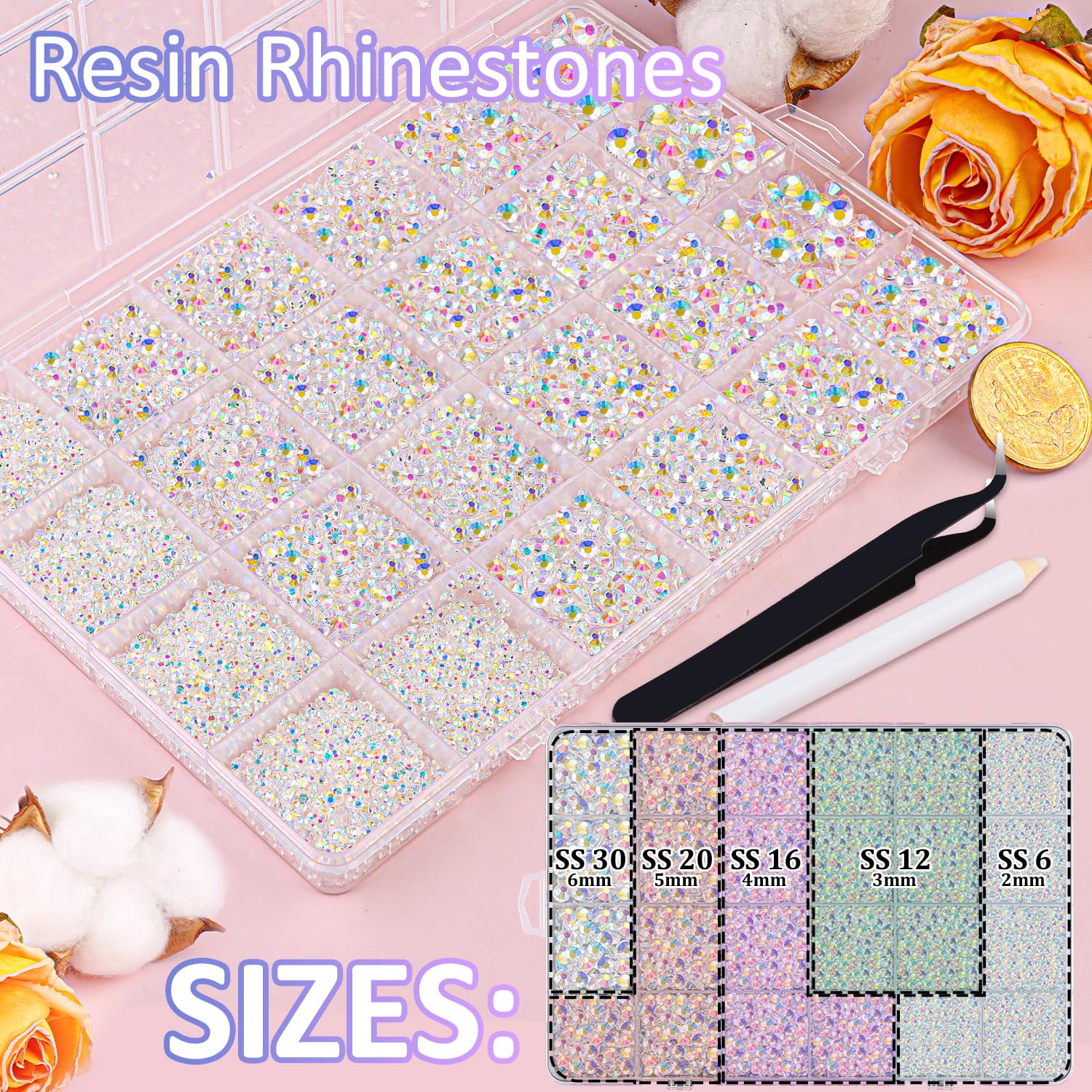 30000Pcs Resin Jelly Rhinestones with Tweezers for Crafting, Transparent AB Flatback Gems, Bedazzling Crystal with 3Pcs 10ml B7000 Jewelry Glue for DIY Crafts Clothing Tumblers Shoes Fabric Nail Art-Velvo Beauty