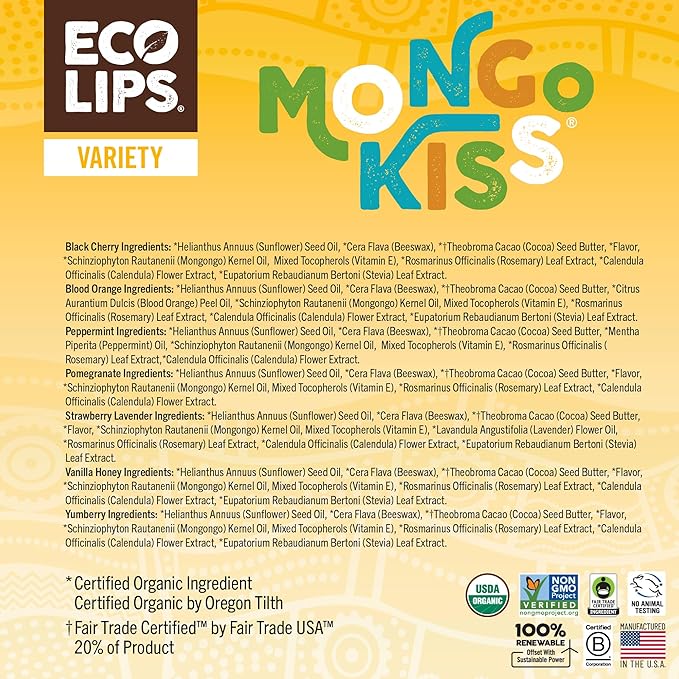 Eco Lips Mongo Kiss Organic Lip Balm 7 Pack - Blood Orange, Black Cherry, Pomegranate, Vanilla Honey, Peppermint, Strawberry Lavender, Yumberry | Mongongo Oil to Soothe & Moisturize Dry, Cracked Lips-Velvo Beauty
