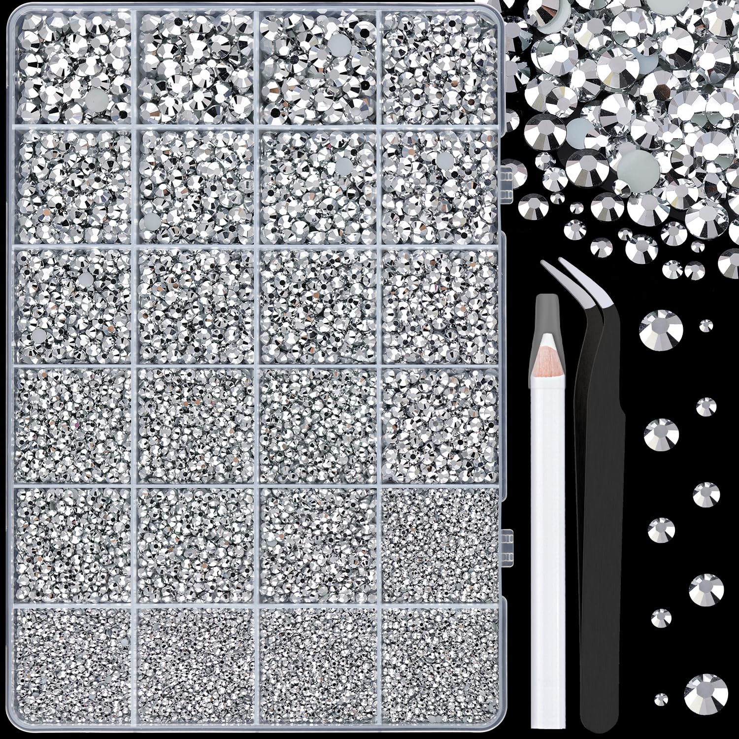 25000Pcs Resin Rhinestones with Tweezers for Crafting, Silver 2-6mm Mixed Sizes Non Hotfix Flatback Gems, Bedazzling Crystal for DIY Craft Clothing Mugs Tumblers Shoes Fabric Decor Nail Art-Velvo Beauty