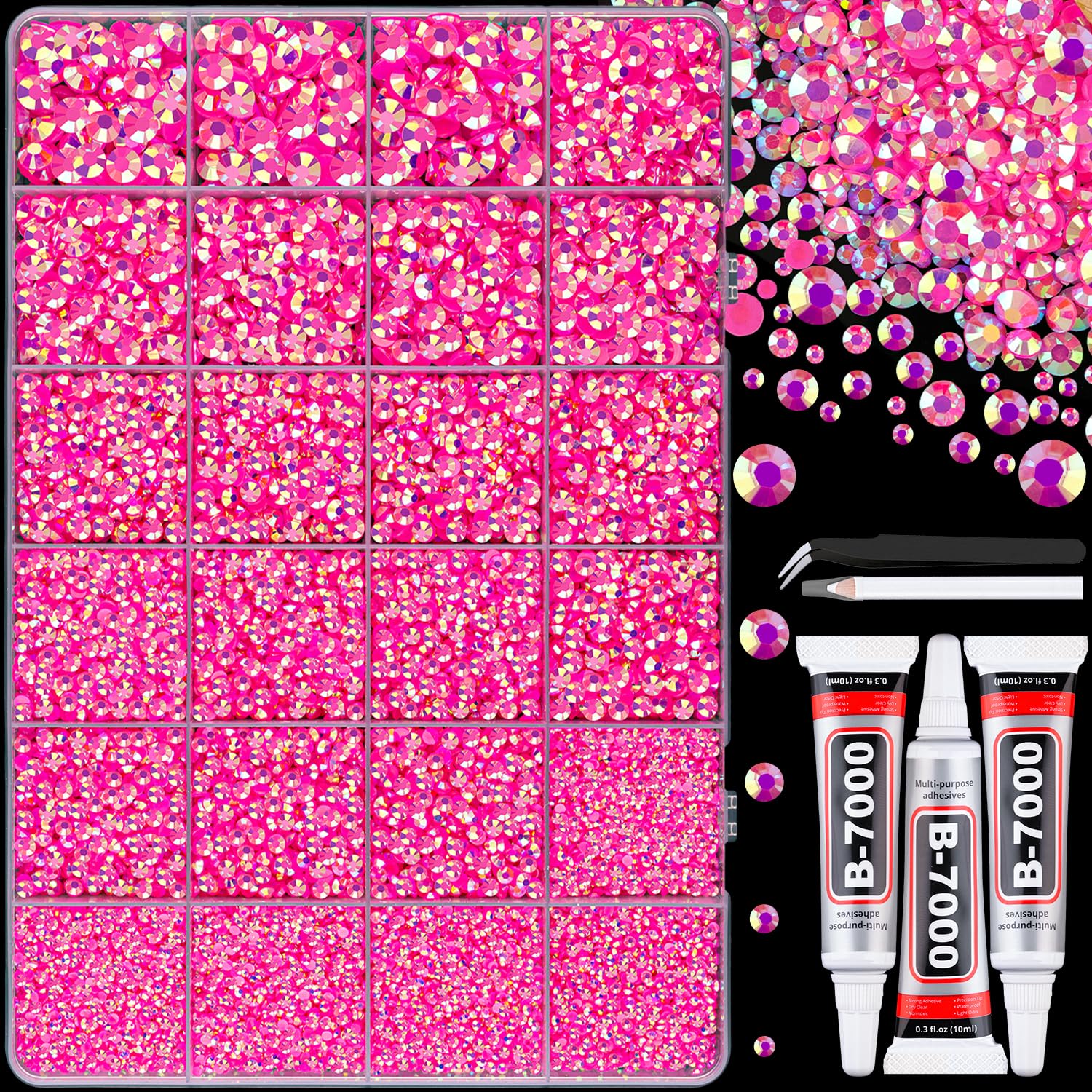 25000Pcs Resin Jelly Rhinestones with Tweezers for Crafting, Hot Pink AB Flatback Gems, Bedazzling Crystal with 3Pcs 10ml B7000 Jewelry Glue for DIY Crafts Clothing Tumblers Shoes Fabric Nail Art-Velvo Beauty
