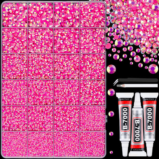 25000Pcs Resin Jelly Rhinestones with Tweezers for Crafting, Hot Pink AB Flatback Gems, Bedazzling Crystal with 3Pcs 10ml B7000 Jewelry Glue for DIY Crafts Clothing Tumblers Shoes Fabric Nail Art-Velvo Beauty
