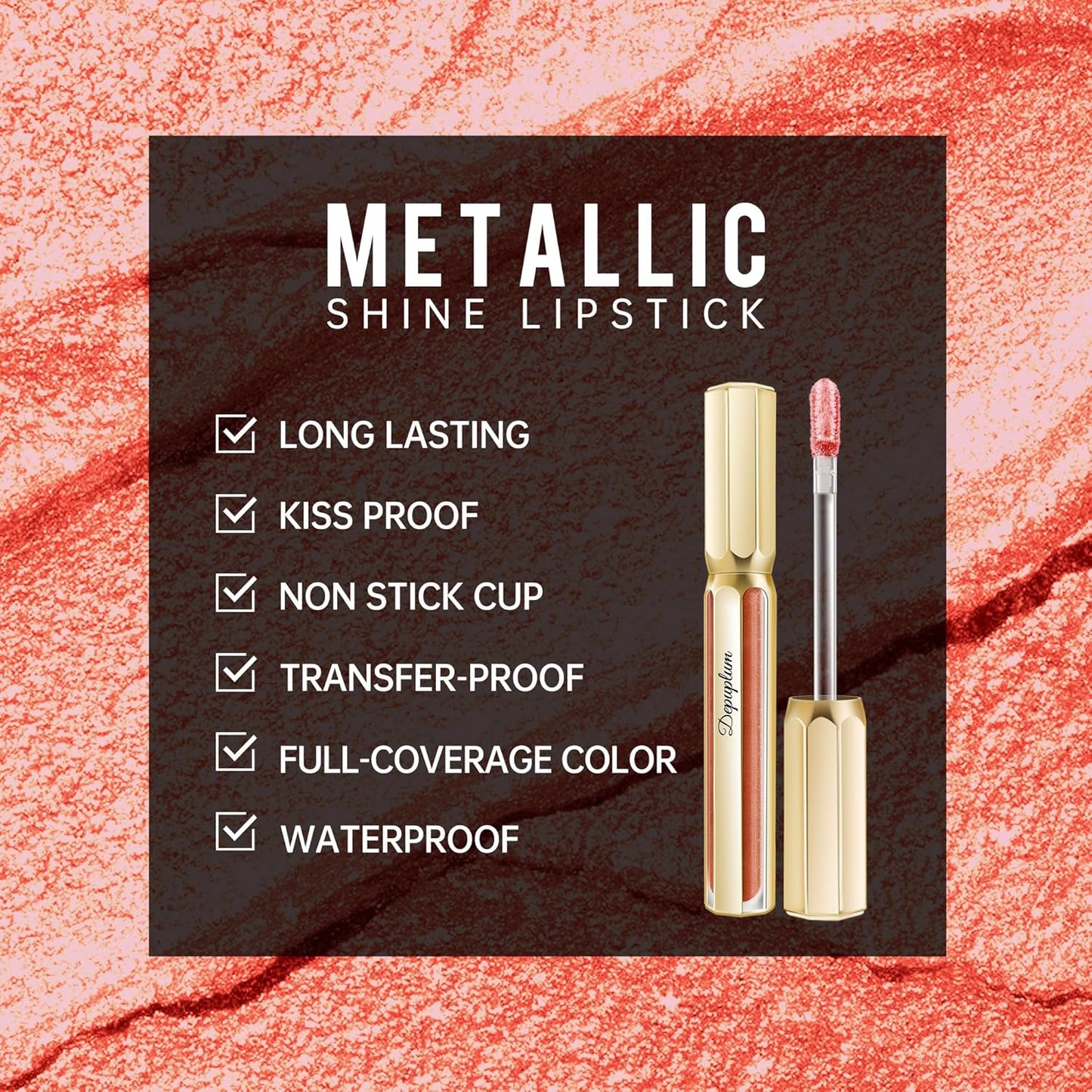 Peach Red Lipsticks for Women Metallic Lipstick Long Lasting Non Stick Cup Lip Gloss, Shimmer Lightweight Hydrating Full Coverage Lip Color, DP115 Juice Box-Velvo Beauty