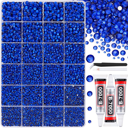 30000Pcs Resin Rhinestones with Tweezers for Crafting, Royal Blue Flatback Gems, Bedazzling Crystal with 3Pcs 10ml B7000 Jewelry Glue for DIY Crafts Clothing Tumblers Shoes Fabric Nail Art-Velvo Beauty