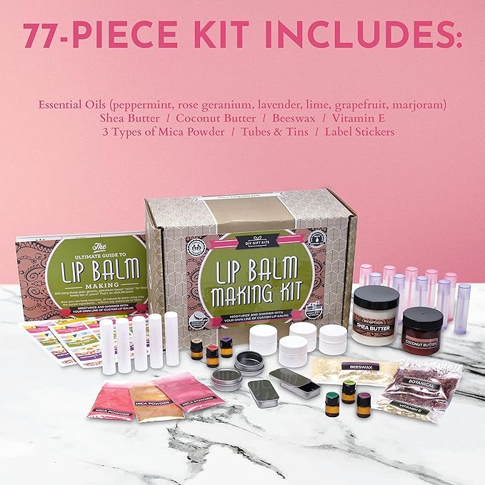 Deluxe Lip Balm Kit with Filling Tray, (77-Piece Set) For Making Your Very Own Clear & Colored DIY Lip Balms! | Includes Tubes, Bees Wax Pouch, 100% Pure Therapeutic Essential Oils & More-Velvo Beauty