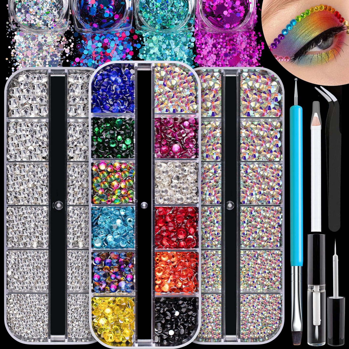 4500pcs Face Gems for Makeup with Glue, 2-5mm Round Glass Crystal AB + Clear + Mixed Color Chameleon Rhinestones & 4 Colors Cosmetic Chunky Glitter with Dotting Tools, Jewels for Make-up, Nail Art-Velvo Beauty