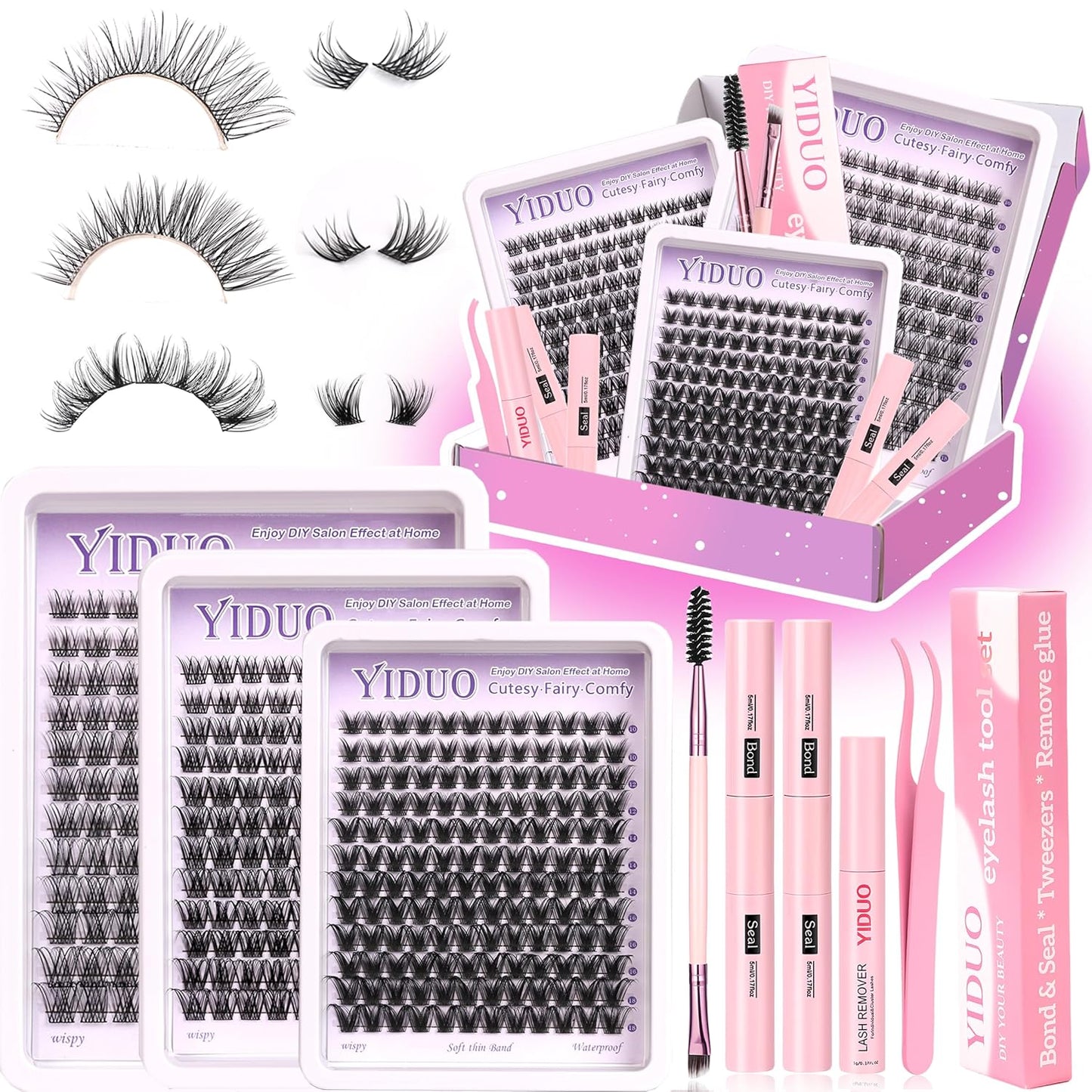 YlDUO Lashes Clusters Kit Gift Packs Natural False Eyelashes Extensions C/D Curl Wispy Individual Fake Eyelash, DIY Natural Extension Lash with Glue*2|Tweezers|Removers|Eyelash&Eyebrow Brush-Velvo Beauty