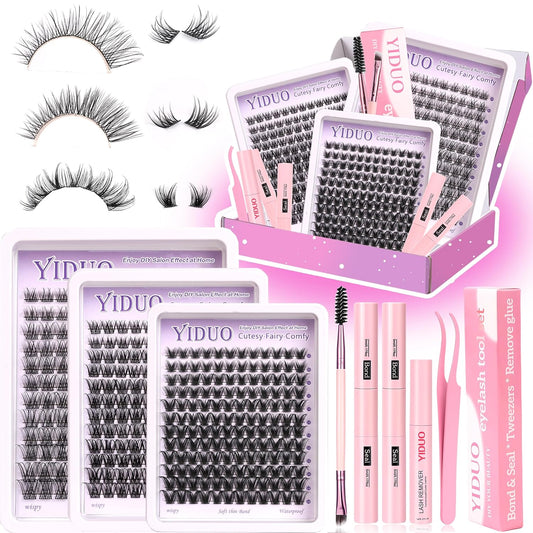 YlDUO Lashes Clusters Kit Gift Packs Natural False Eyelashes Extensions C/D Curl Wispy Individual Fake Eyelash, DIY Natural Extension Lash with Glue*2|Tweezers|Removers|Eyelash&Eyebrow Brush-Velvo Beauty