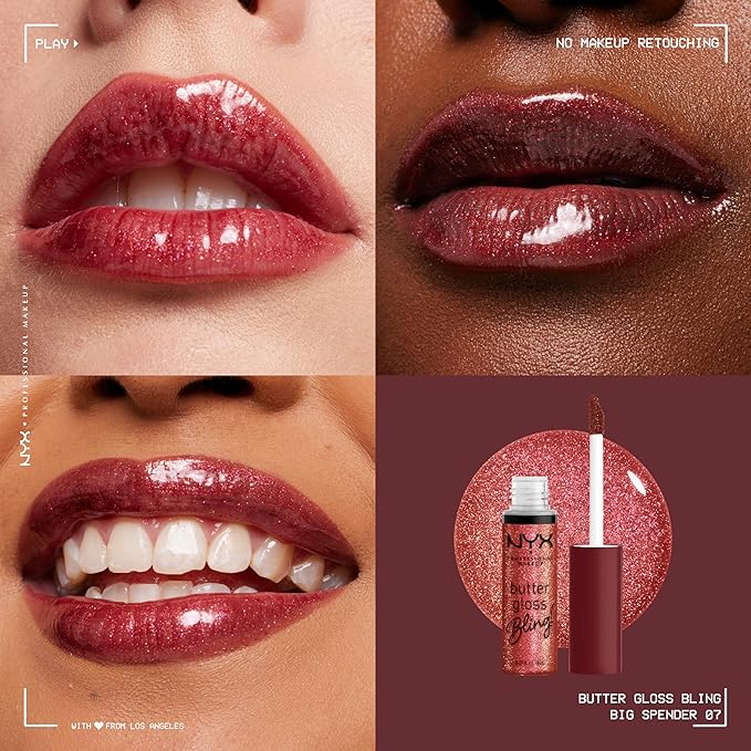 NYX PROFESSIONAL MAKEUP Butter Gloss Bling Lip Gloss, Non Sticky and Shiny Vegan Lip Makeup - Big Spender-Velvo Beauty