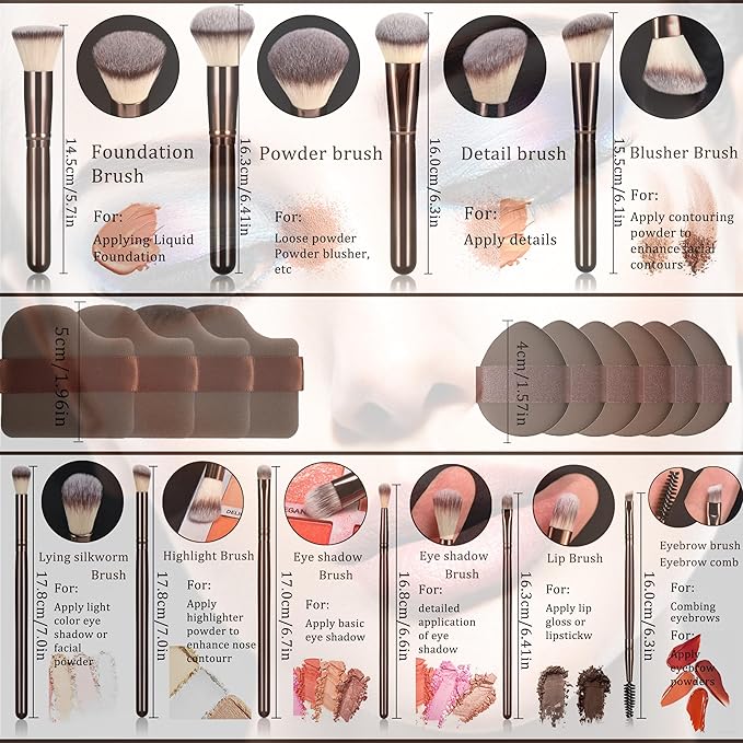 10 Piece Black brown Makeup Brushes and 10 Piece Makeup Sponge – Wooden Handle,with Soft Synthetic Bristles,|Professional Makeup Brushes set for Women & Girls|-Velvo Beauty
