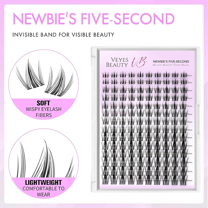 VEYESBEAUTY Lash Clusters Eyelash Extensions Thin & Invisible Band DIY Individual False Eyelashes Newbie's Five-Second Series Wispy Lash Tray for Self-application, Manga Lashes 8-18mm Mixed Length-Velvo Beauty