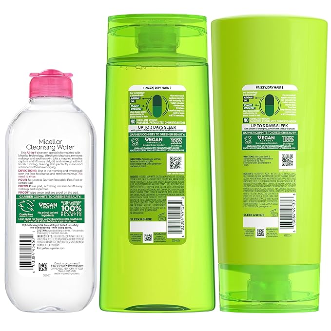 Garnier Back to School Bundle|Micellar Water (400mL) + Fructis Sleek & Shine Shampoo (22 Fl Oz), Conditioner (21 Fl Oz) (3 Items), 1 Kit (Packaging May Vary)-Velvo Beauty