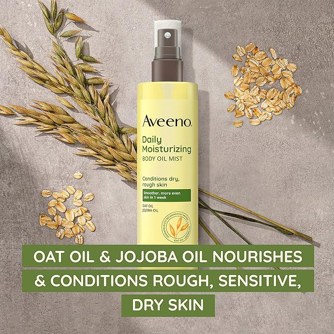 Aveeno Daily Moisturizing Body Oil, Body Mist for Dry Skin with Oat Oil and Jojoba Oil, Nourishing Body Spray with a Hypoallergenic Formula, 6.7 FL OZ-Velvo Beauty